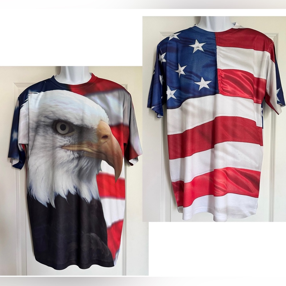PATRIOTIC SET of 2 Get A Life All Over Bald Eagle American Flag Print Shirts L